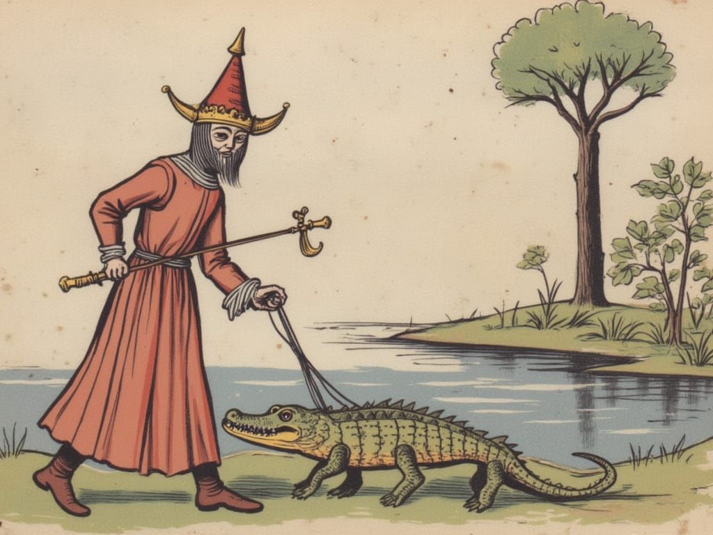 Jester Walks Crocodile by River in Medieval Manuscript Style