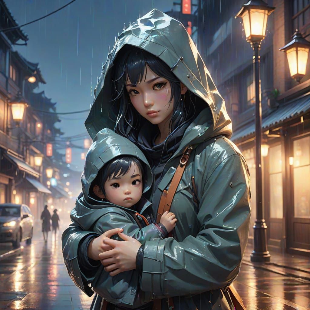 Young Mother and Baby Find Serenity in Rainy City Night