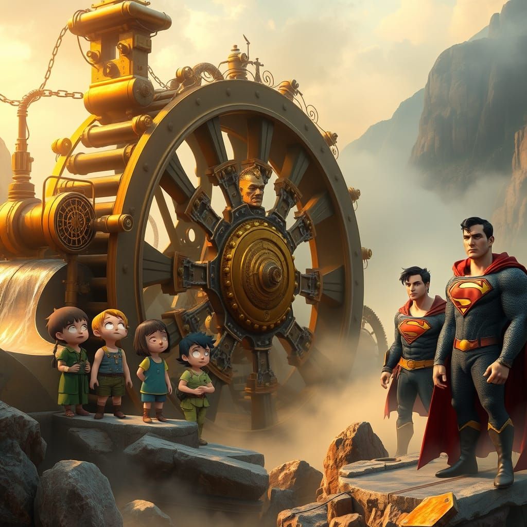 Majestic Steampunk Waterwheel in a Fantastical Landscape