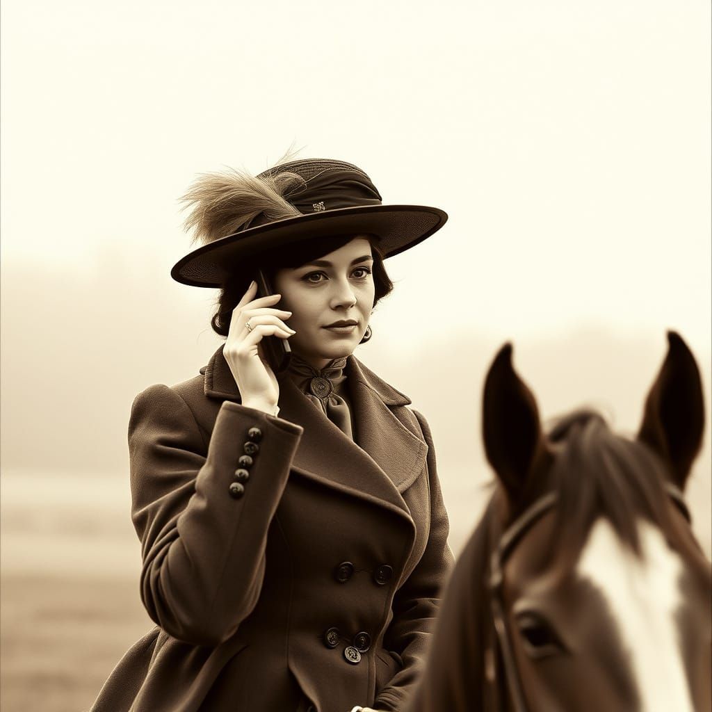 Victorian Woman Rides Horse with Samsung Phone
