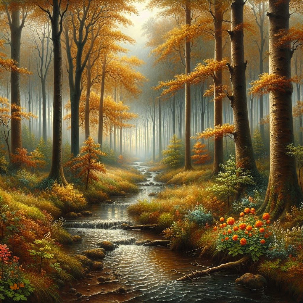 Autumn Forest Scene as Romanticism Oil Painting
