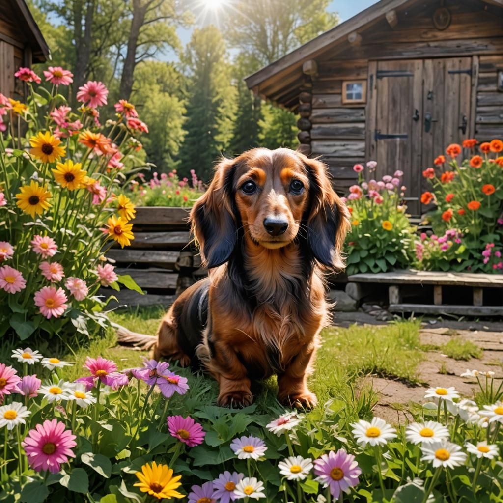 Dachshund in Sunshine by Cabin with Flowers