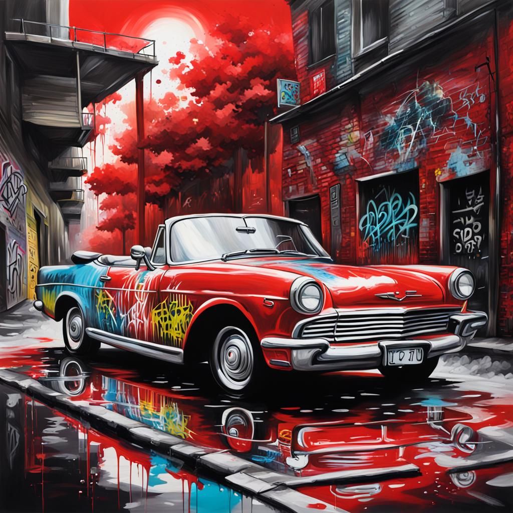 Red Convertible Adorned with Graffiti Art