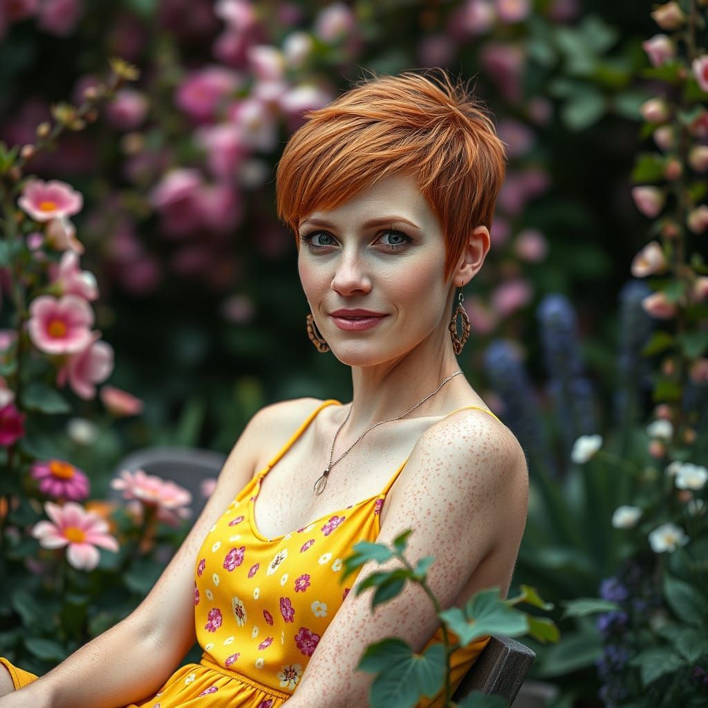 Woman Relaxing in Lush Flower Garden Portrait