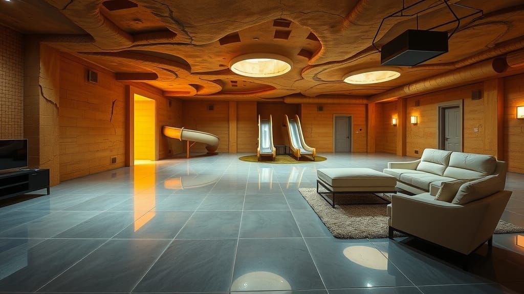 A photo of a luxurious underground palace with a gigantic room. The room has a no ceiling and is filled with modern furn...