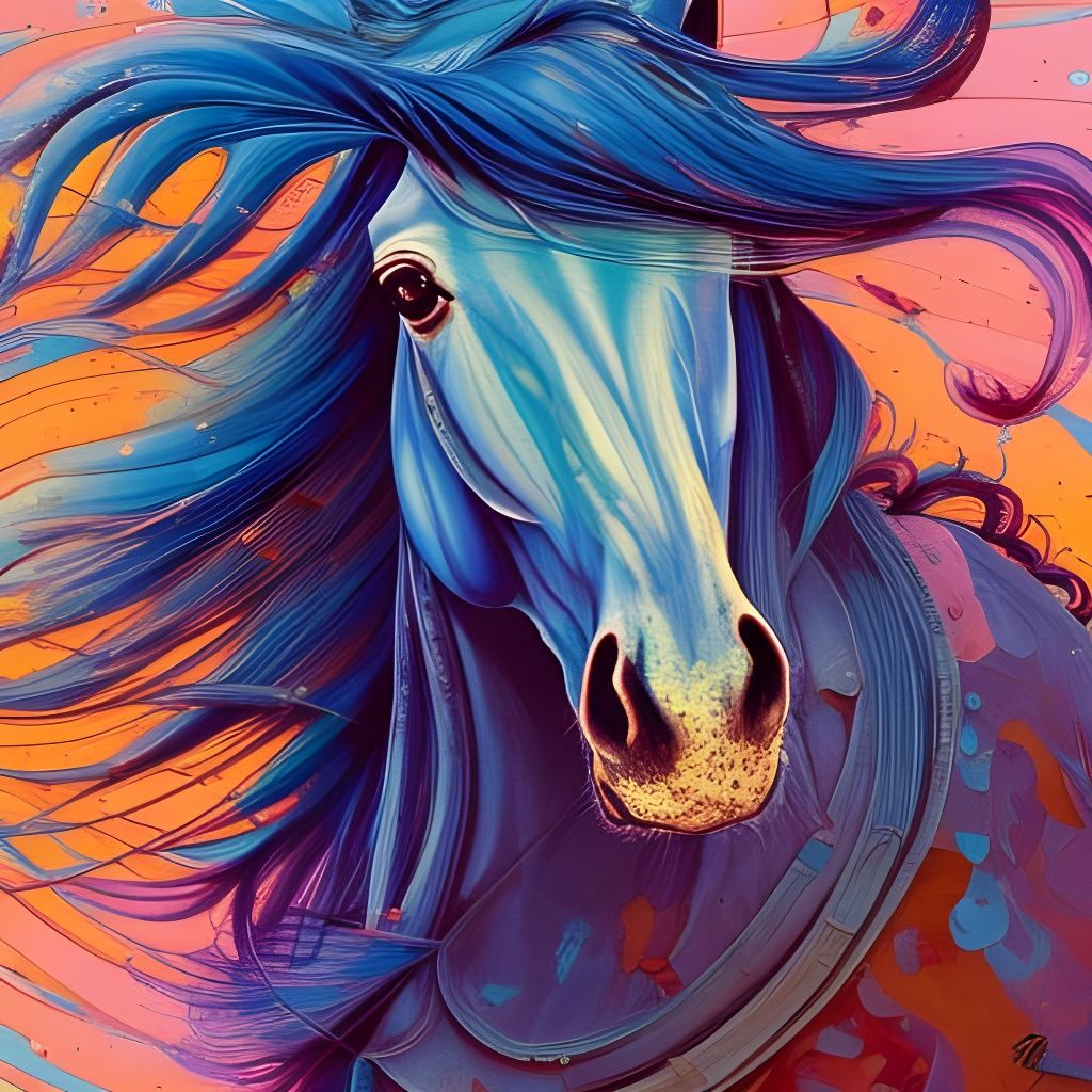 Cute Mustang Horse Portrait in Marbling Oil Style
