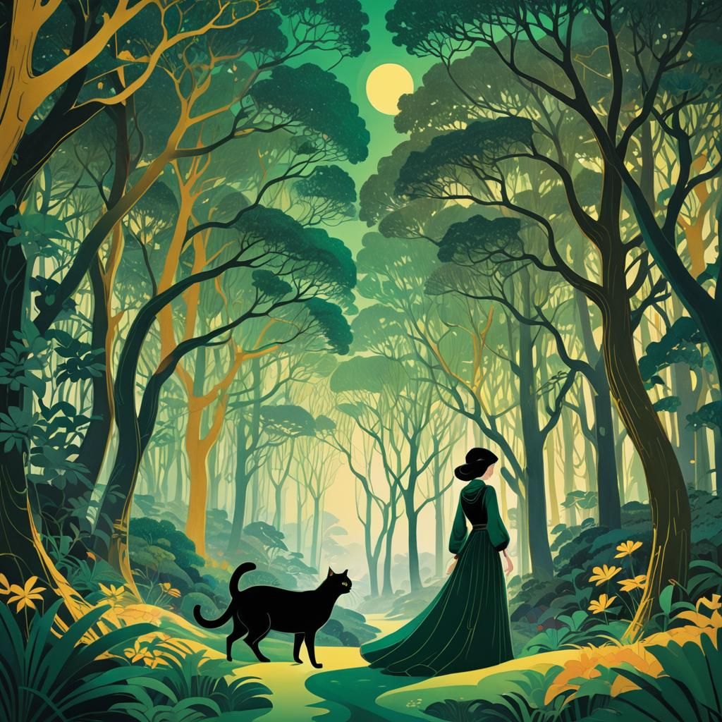 Girl and Cat in Art Nouveau Forest Glade