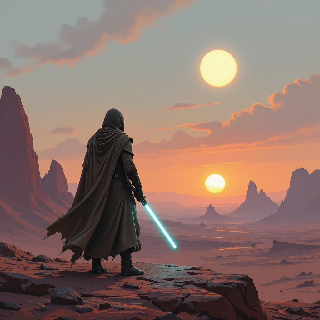 Jedi Knight Watching Twin Sunset on Alien Planet