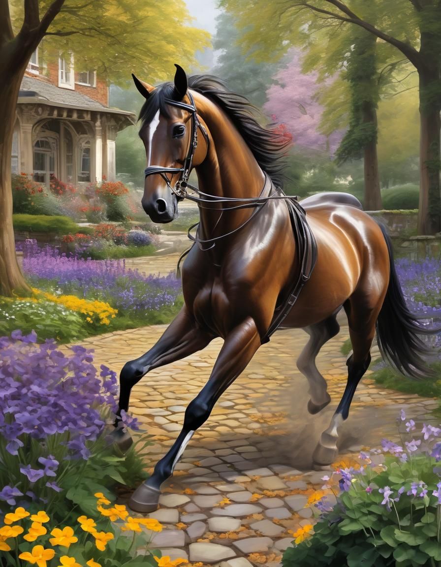 Horse Trampling Autumn Leaves in City Garden