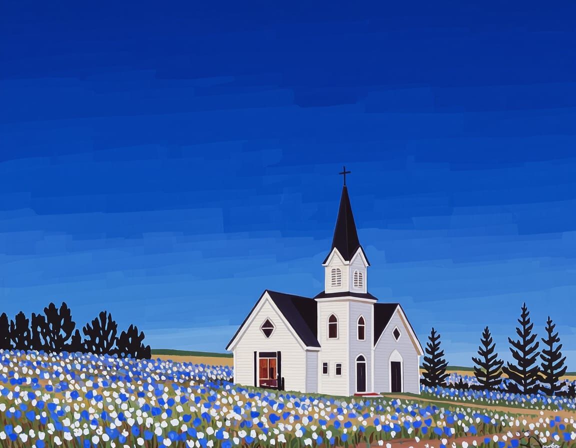 Rural North Dakota Church Amidst Blooming Flax Fields