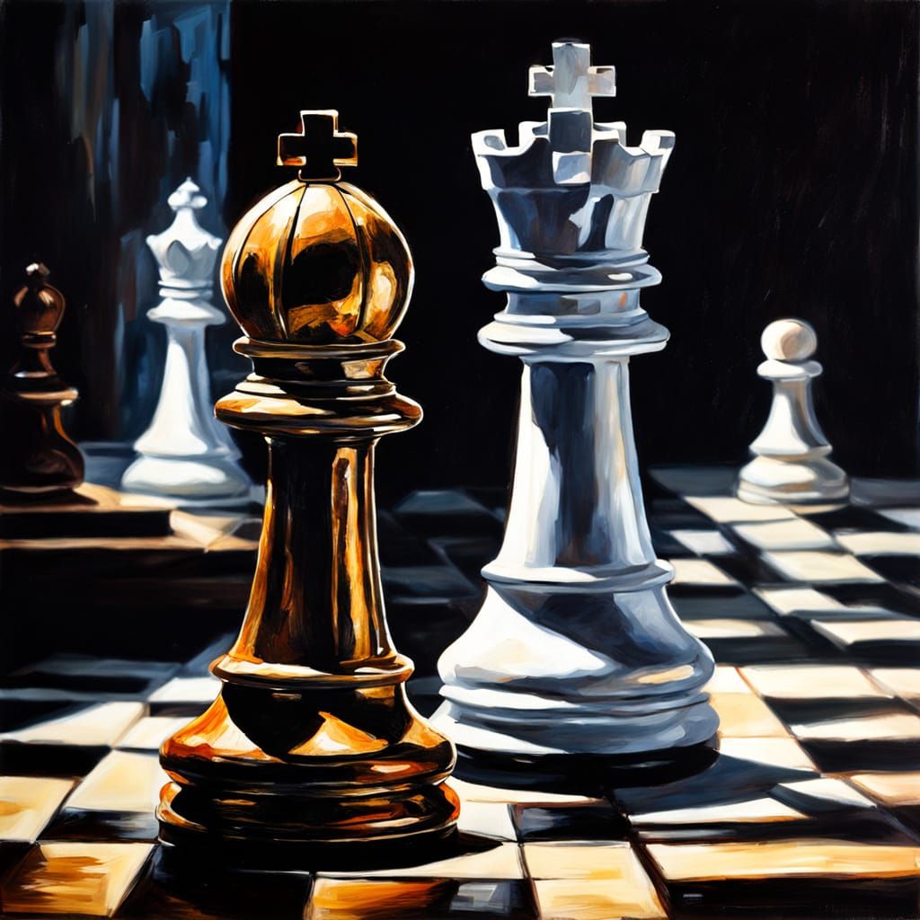 Dramatic Chess Piece Confrontation as Oil Painting
