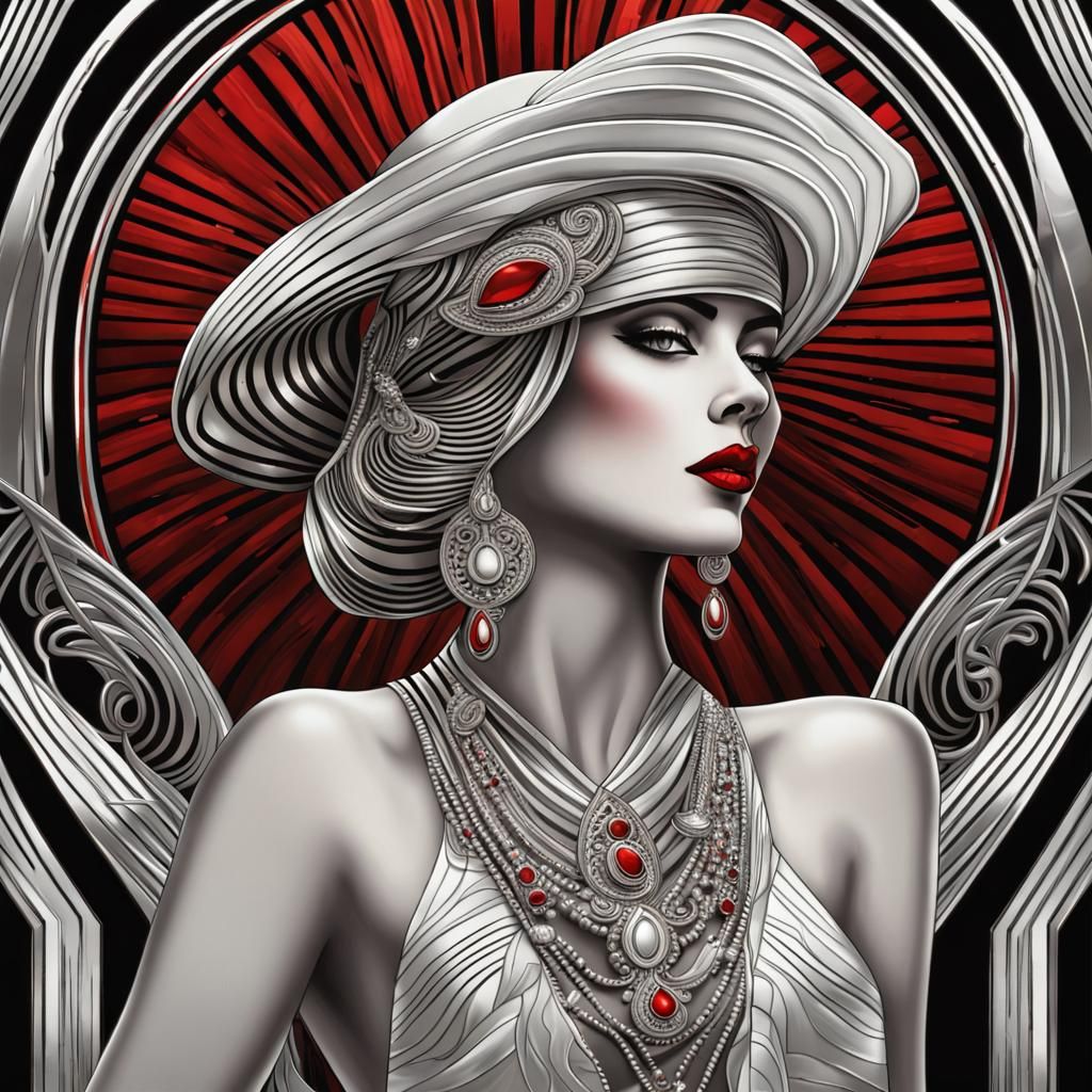 Art Deco Goddess Portrait in Silver and Red