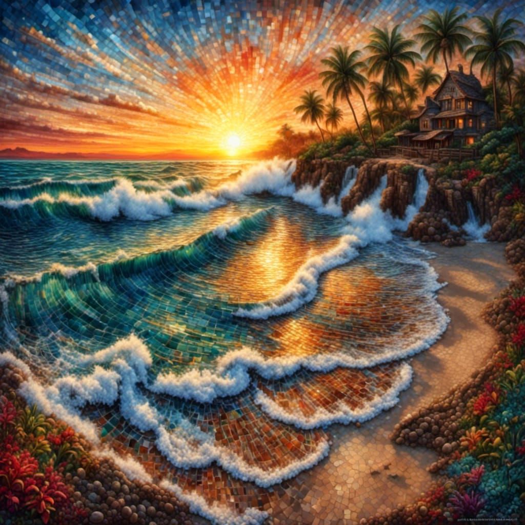 Mosaic Sunrise Over Beach: Detailed Mosaic Art