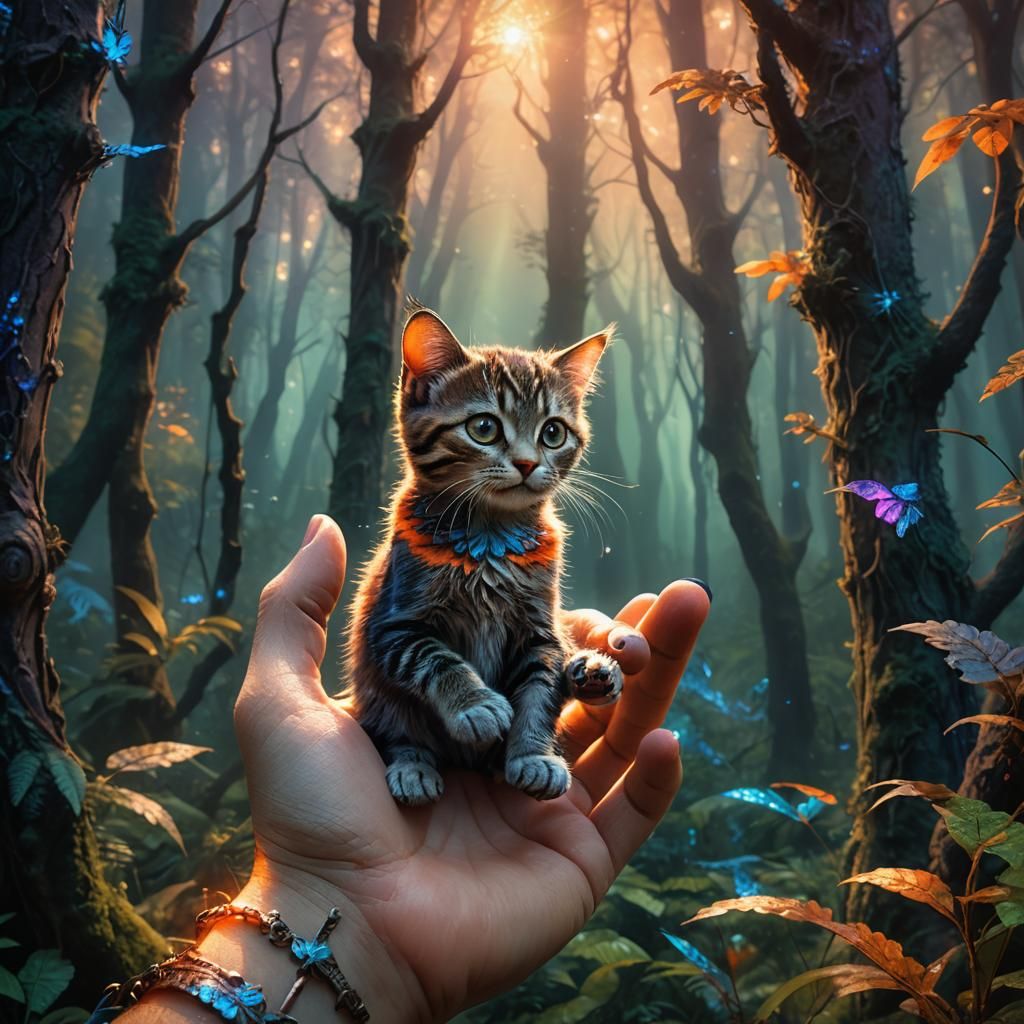 Miniature Cat on Finger in Mystical Forest