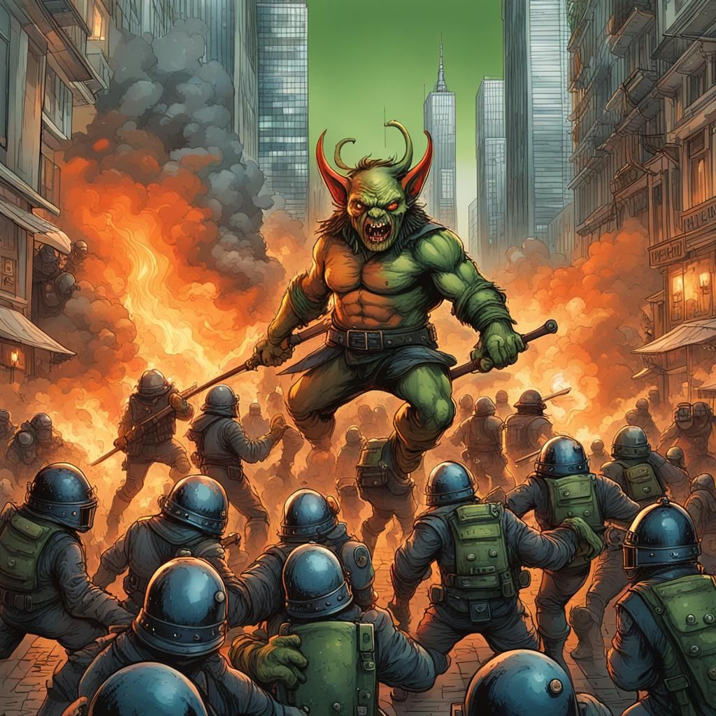 Fantasy Goblin Riot in a Cityscape Illustration
