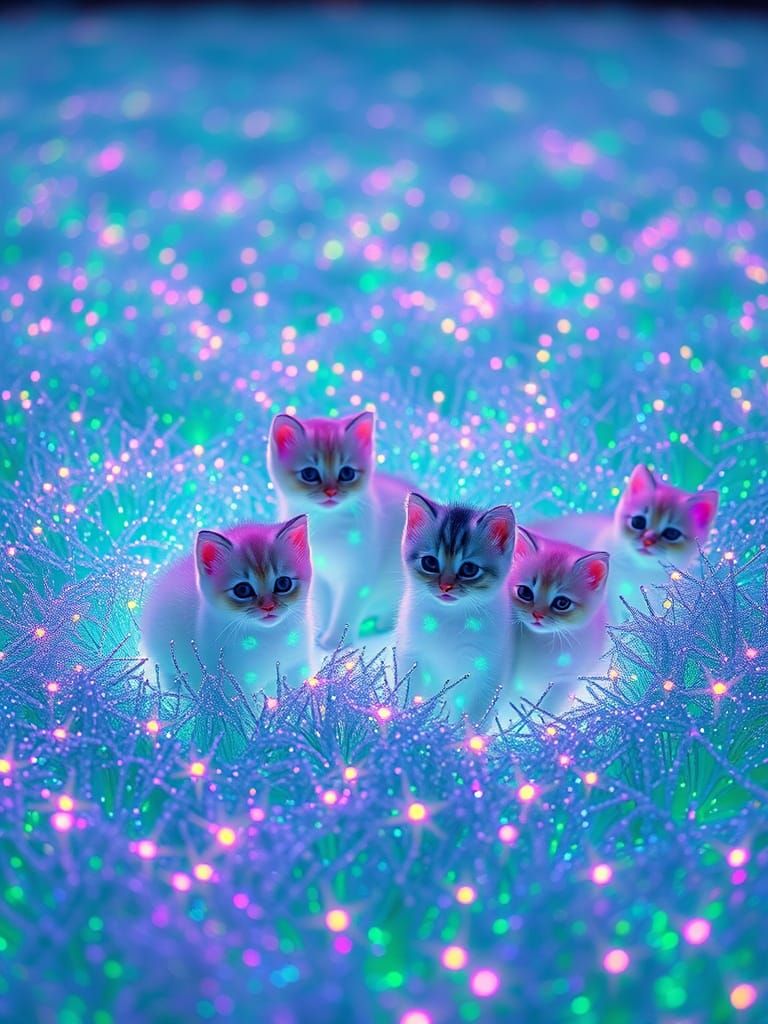 Glowing Crystal Kittens in a Neon Infinity Room