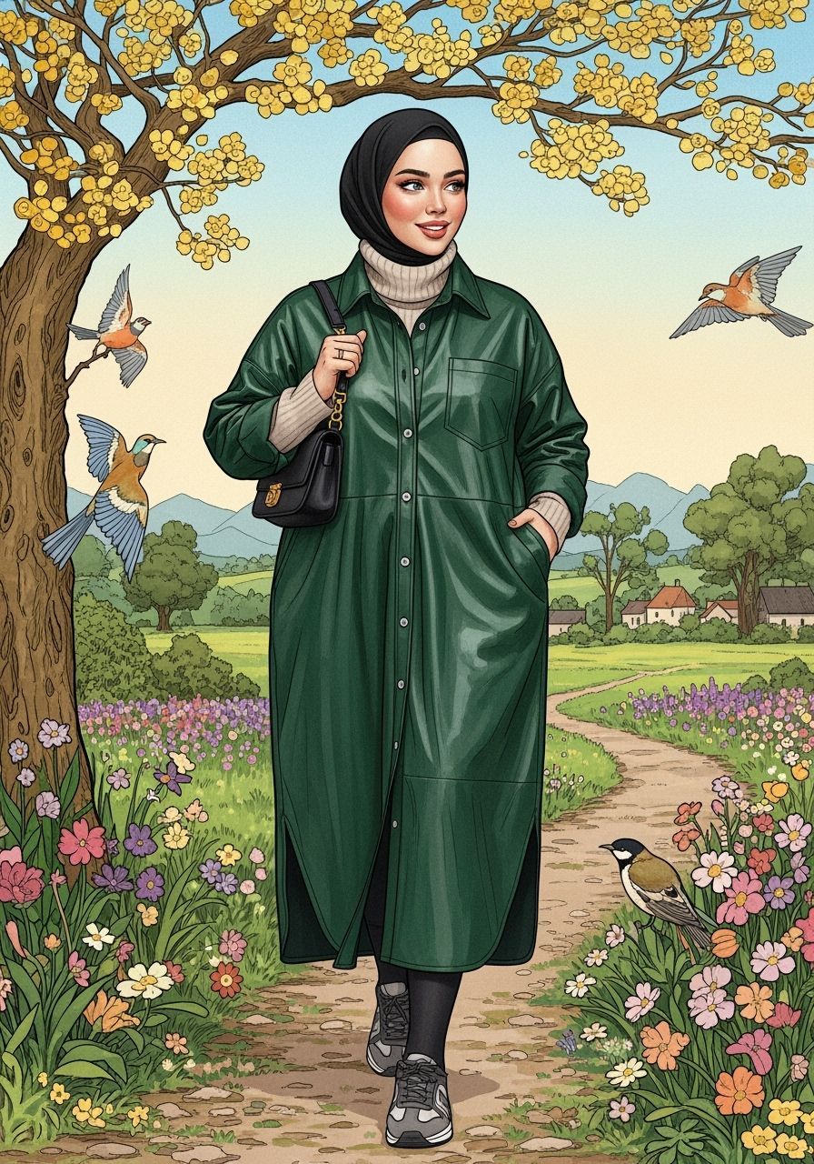 Elegant Hijabi Woman in Garden, Ornate Art Style