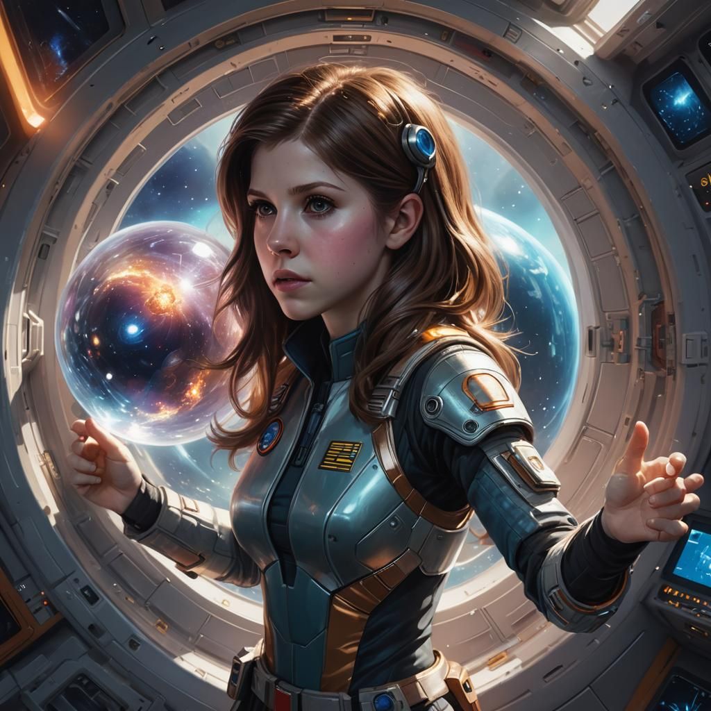 Anna Kendrick in Spaceship Holding Sci-Fi Orb