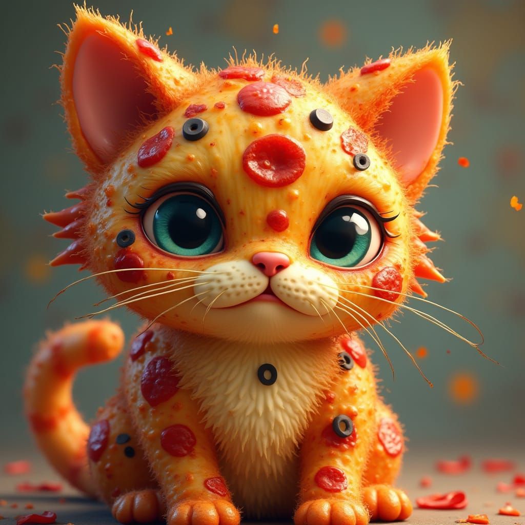 Pizza Piece Whimsy Cat in Vibrant Fantasy Style