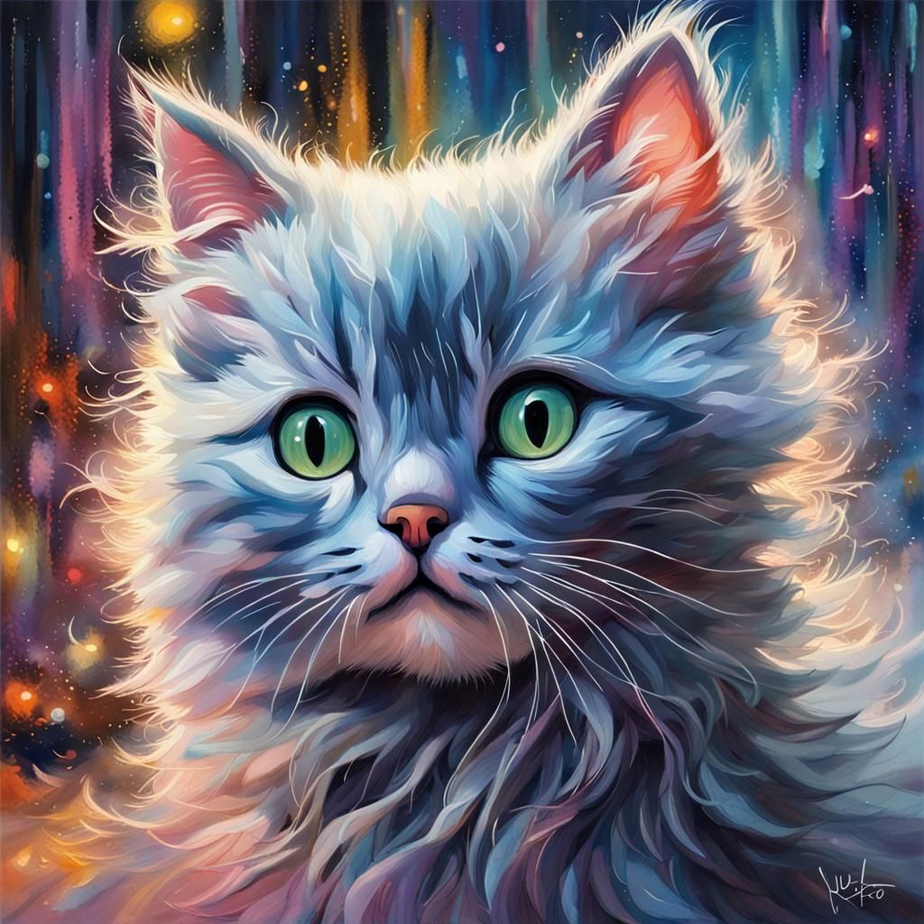 Grey-Blue Kitten on Stage in Watercolor Pastel Style