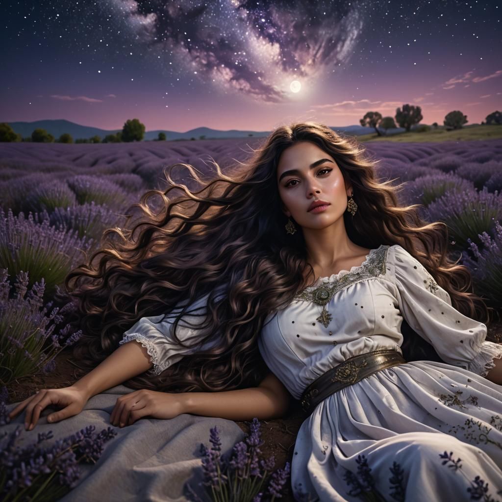 Romantic Woman in Lavender Field Under Moonlight