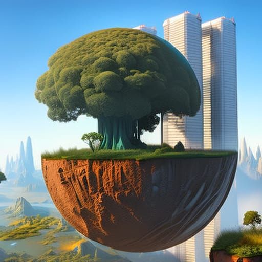 Surreal Split Planet with Trees and Buildings