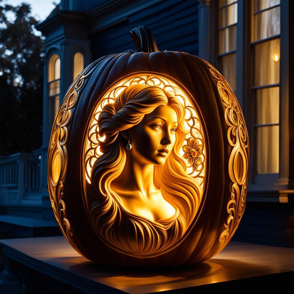 Pumpkin Carving of Woman on Victorian Porch