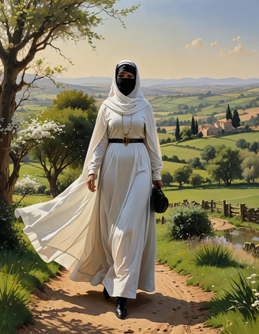 Woman in Niqab Strolls Through Spring Landscape