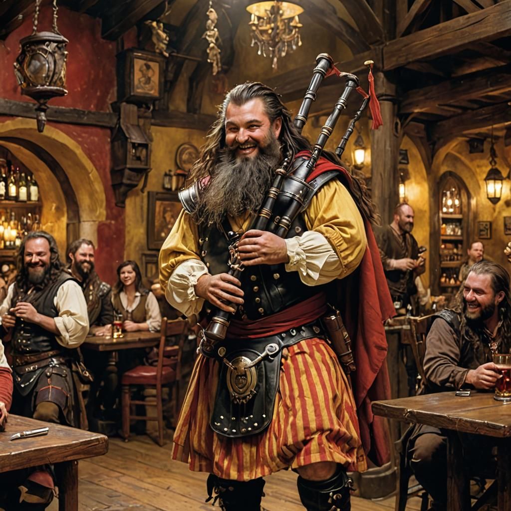 Laughing Dwarf Bard in a Magical Bar
