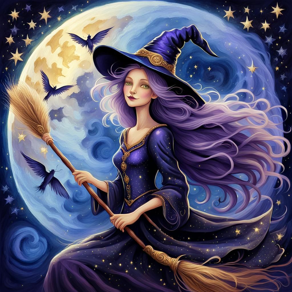 Enchanting Witch on Broom in Moonlit Fantasy Art