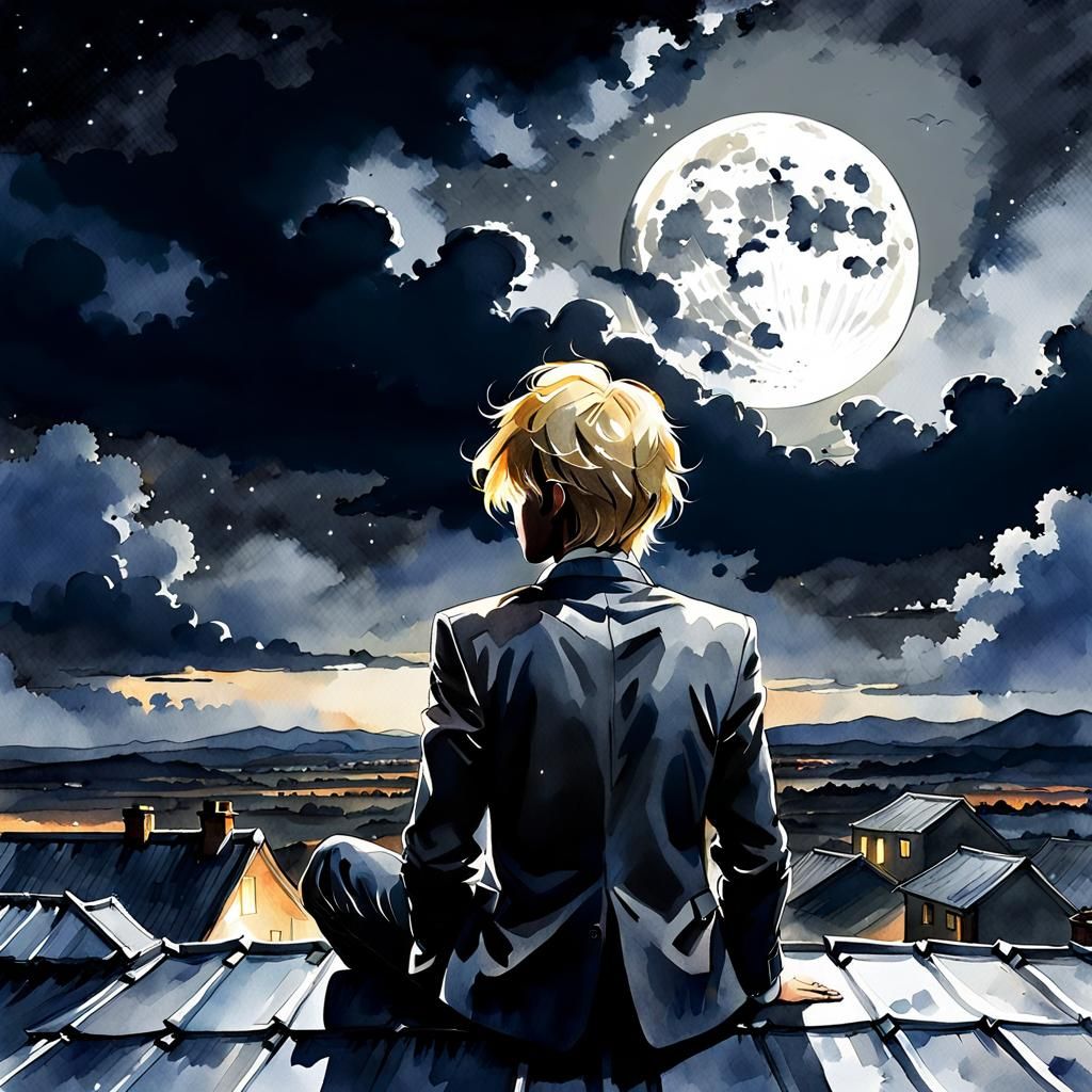 Boy on Roof Under Moonlight, Watercolor Illustration