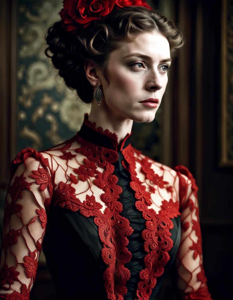 Elegant Woman in Detailed Lace Dress