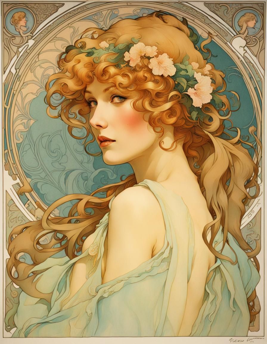 Art Nouveau Portrait of Beautiful Young Woman