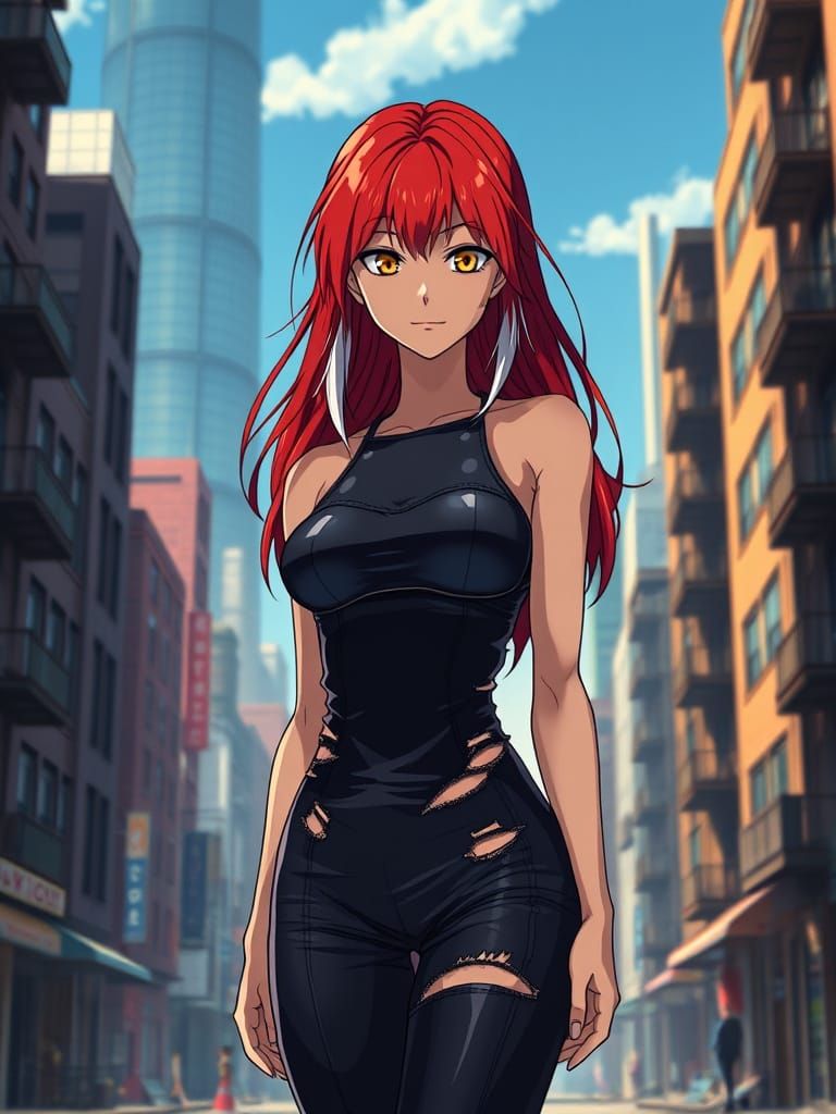 Anime Woman with Red Hair in Dystopian Cityscape