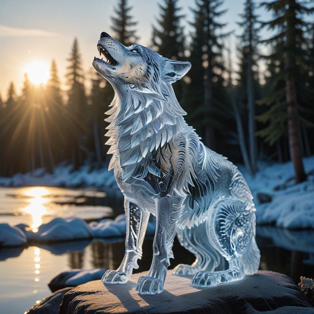 Ethereal Ice Wolf Sculpture Amidst a Frozen Forest