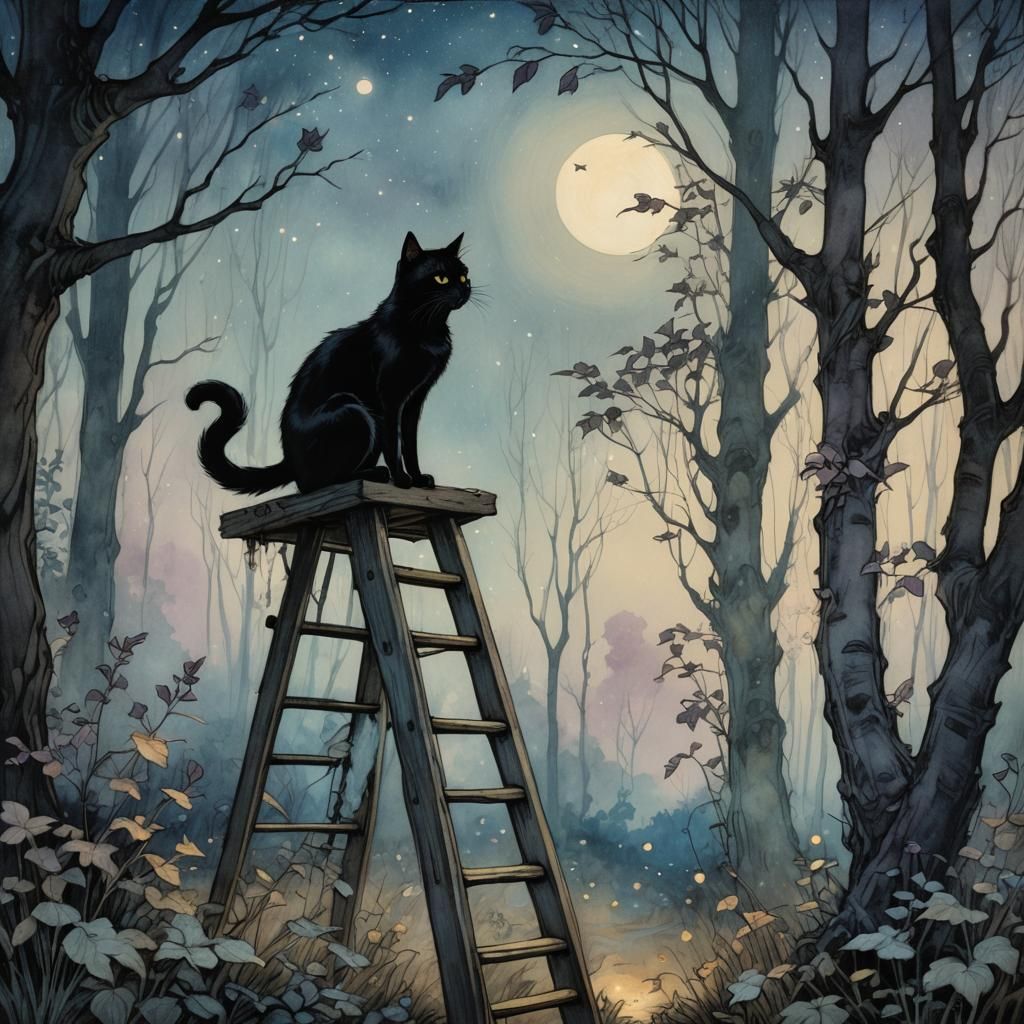Black Cat and Ladder in Mystical Forest