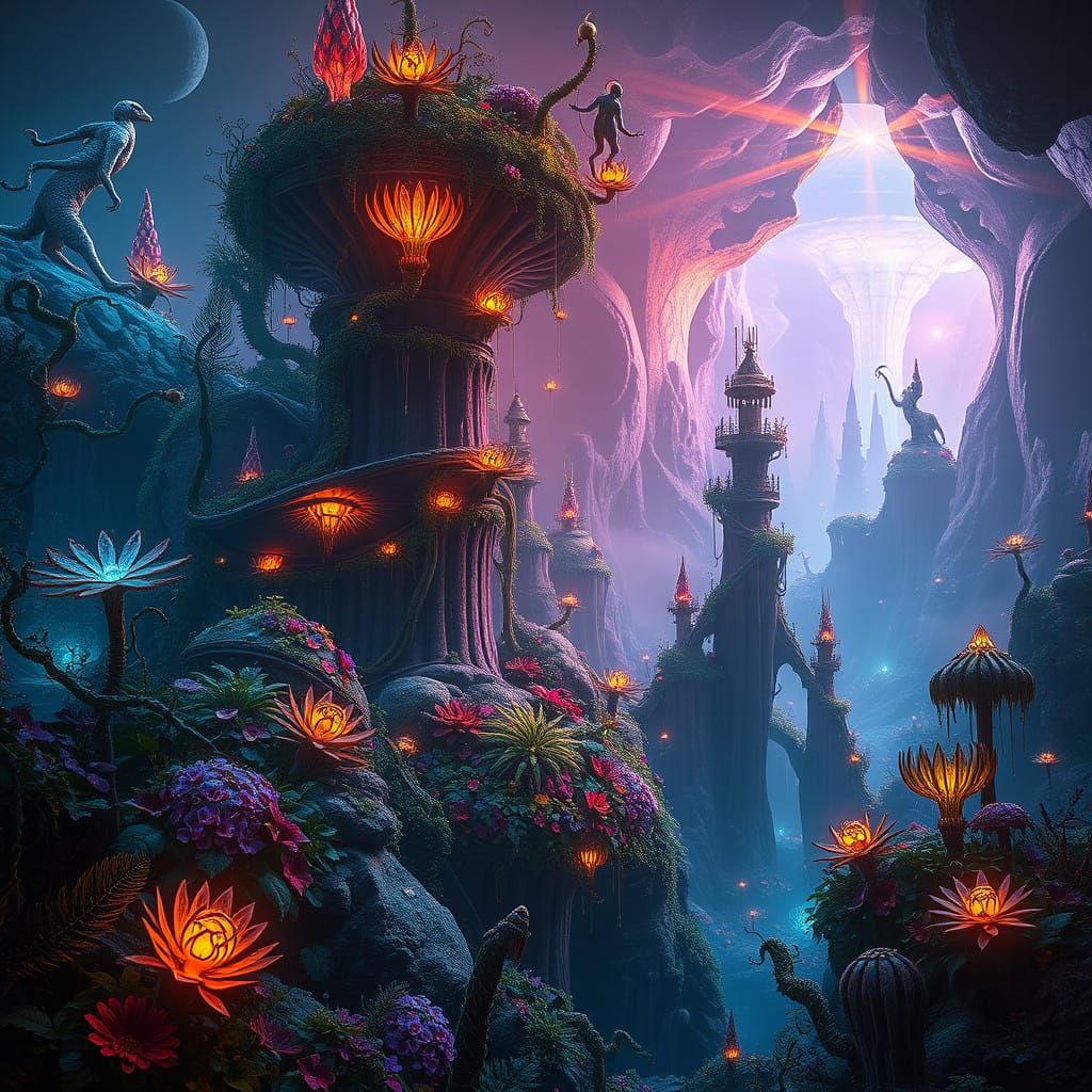 Surreal Biomechanical Dreamscape with Vibrant Floras and Glo...