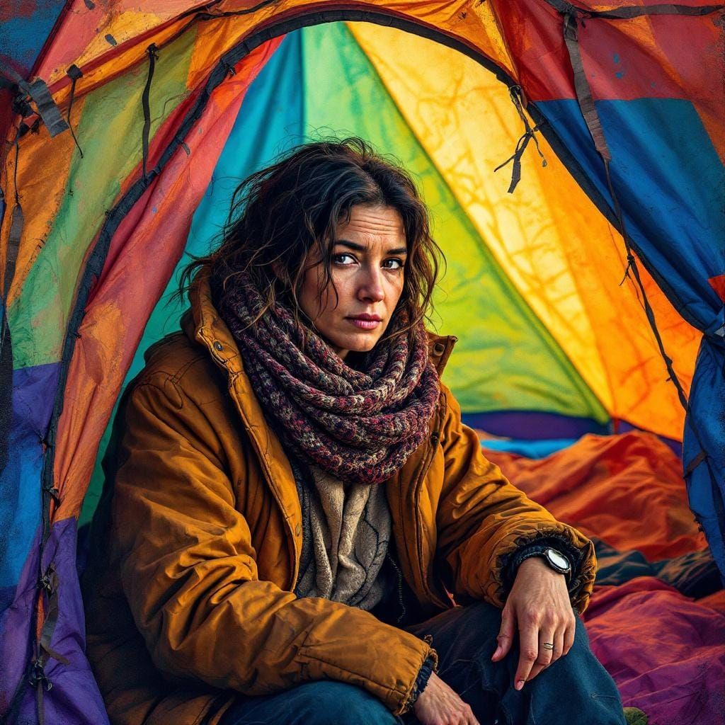 Homeless Woman in Tent City: Hyperrealistic Gouache Art