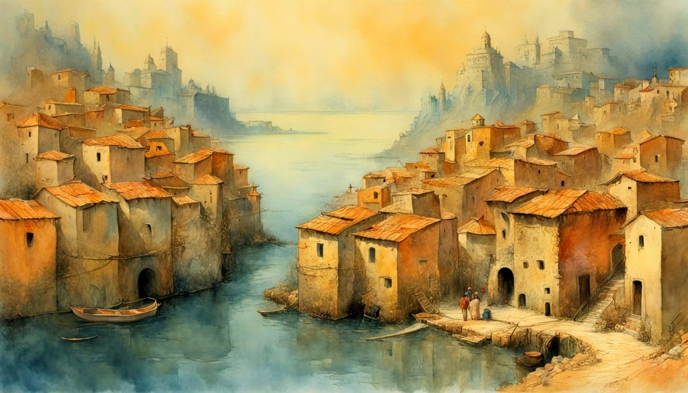 Mediterranean Village in Messy Watercolor Style