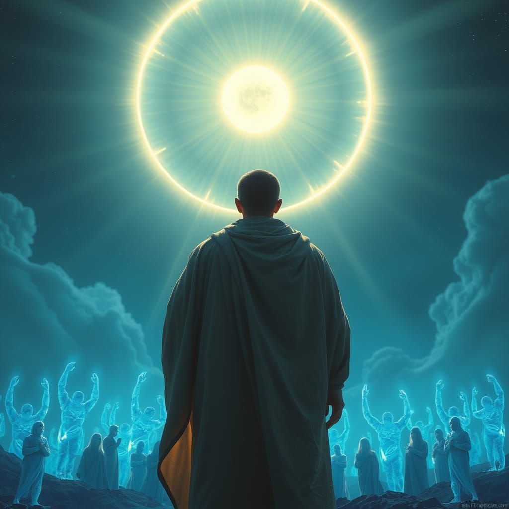 Celestial Being Gazing at Divine Orb in Digital Art