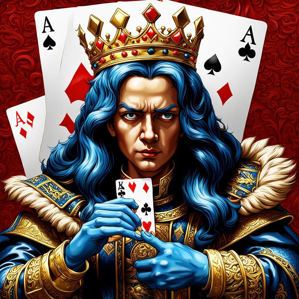 Wax coated Ace , king holds the hand of queen ,3d, play cards