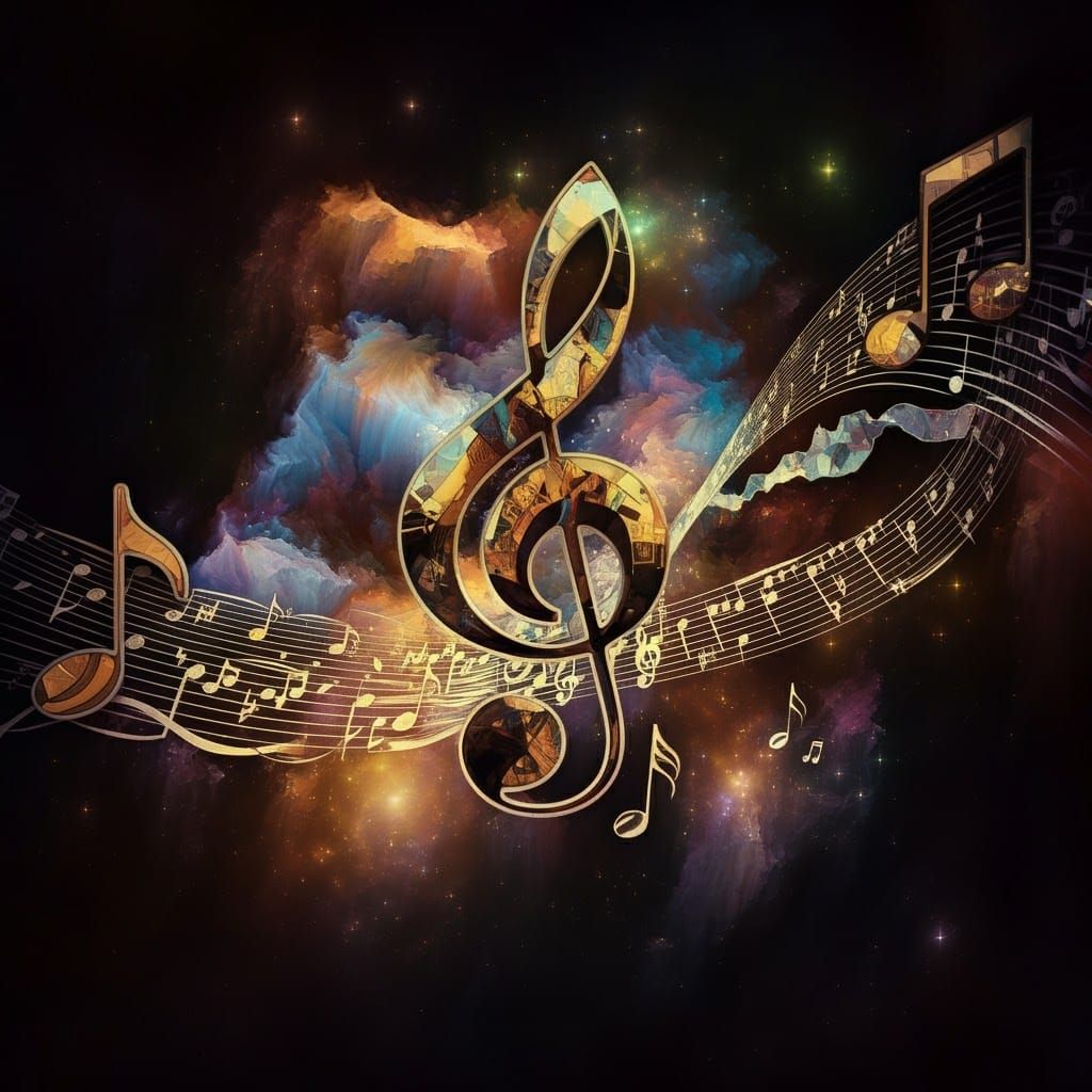 Musical Notes Flowing into a Dreamlike Landscape