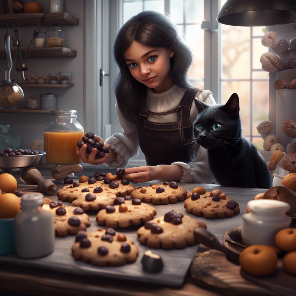 Girl and Cat Baking Cookies: Fantasy Concept Art
