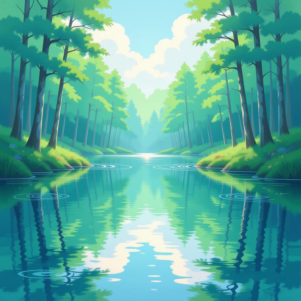 Forest Pond Reflection in Watercolor Style