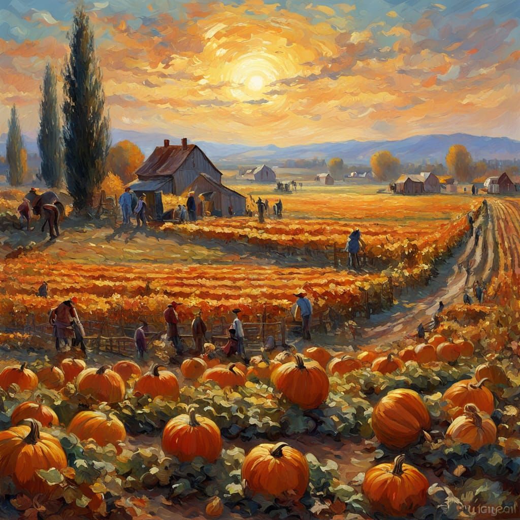 Autumn Pumpkin Harvest At Sunset, Intricate Fantasy