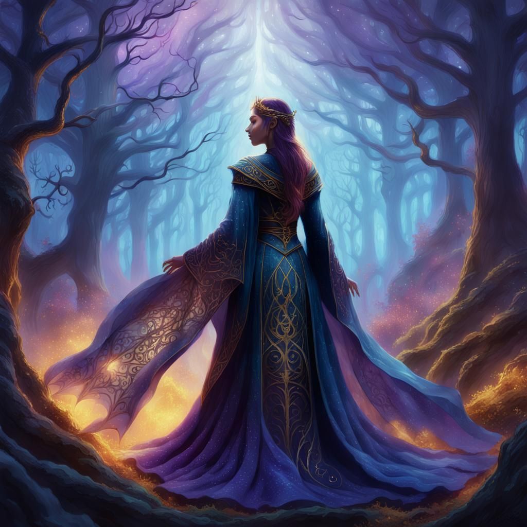 Mystical Sorceress in Glowing Forest Concept Art