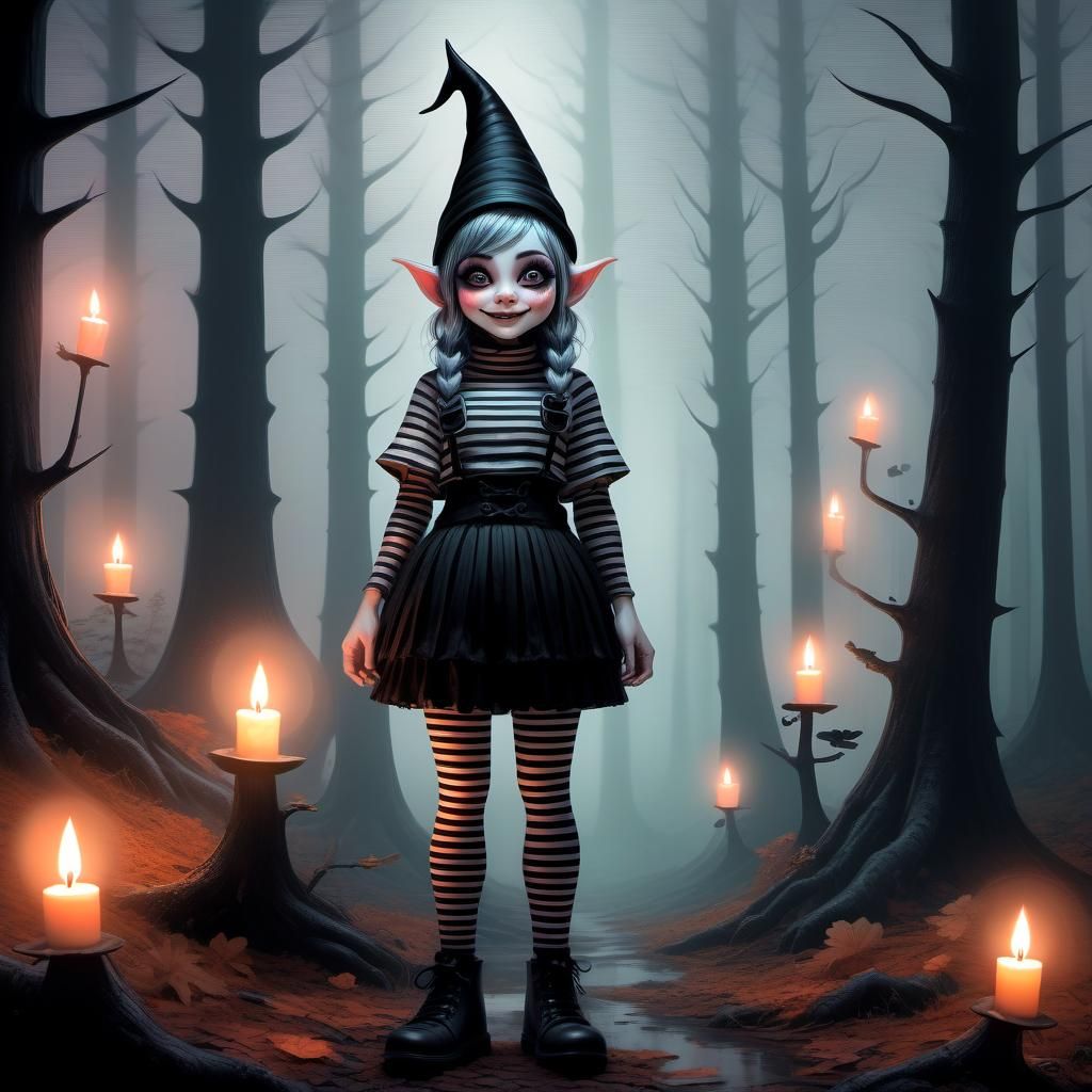 Gothic Gnome Girl in Misty Forest: Dark Fantasy Illustration