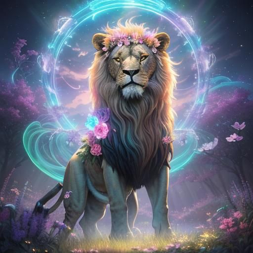 Lion with Flower Crown Enters Neon Portal