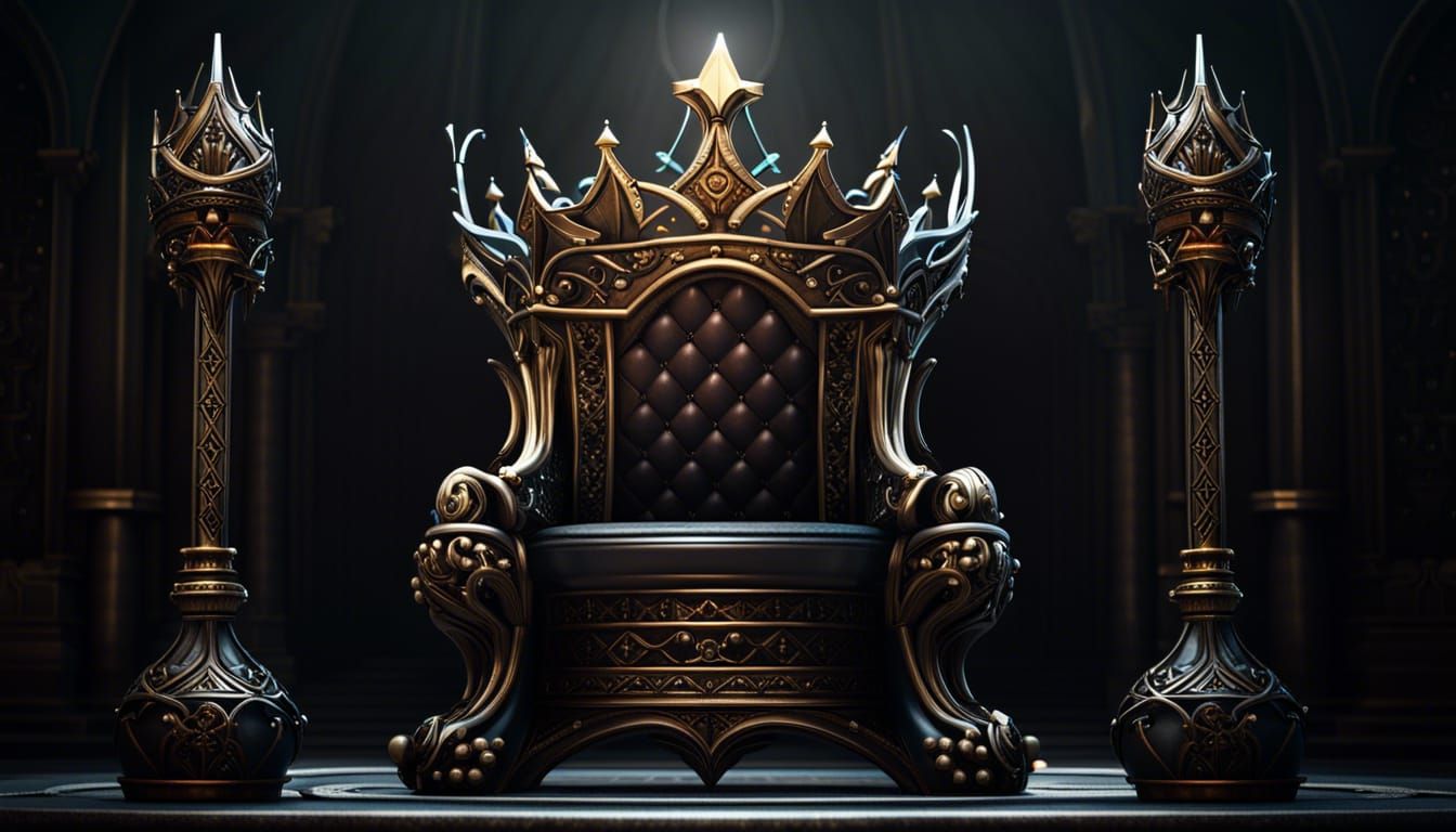 Ornate Crown and Scepter  resting on an empty throne. Dark F...