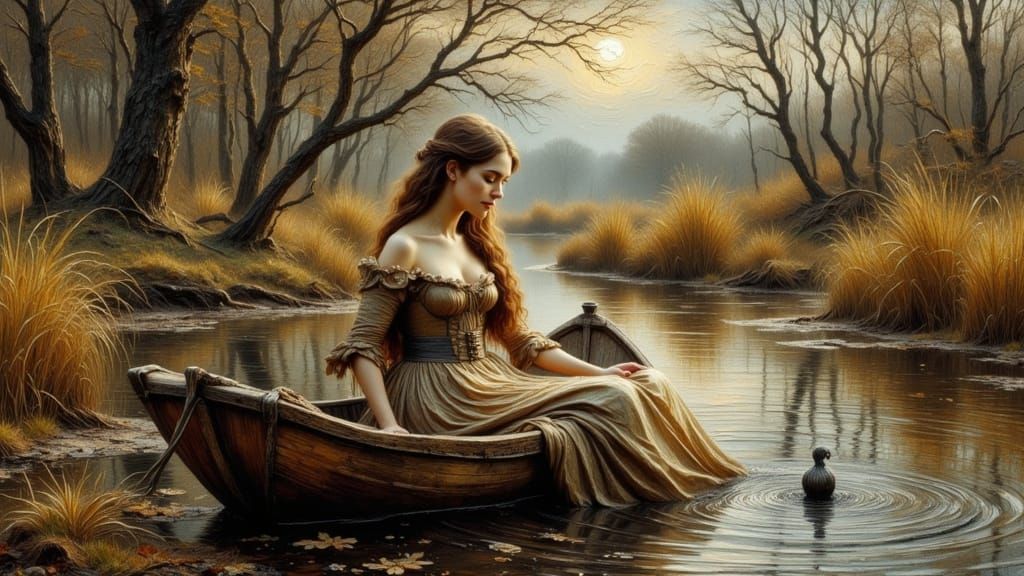 Ethereal Lady of Shalott in Photorealistic Oil Painting